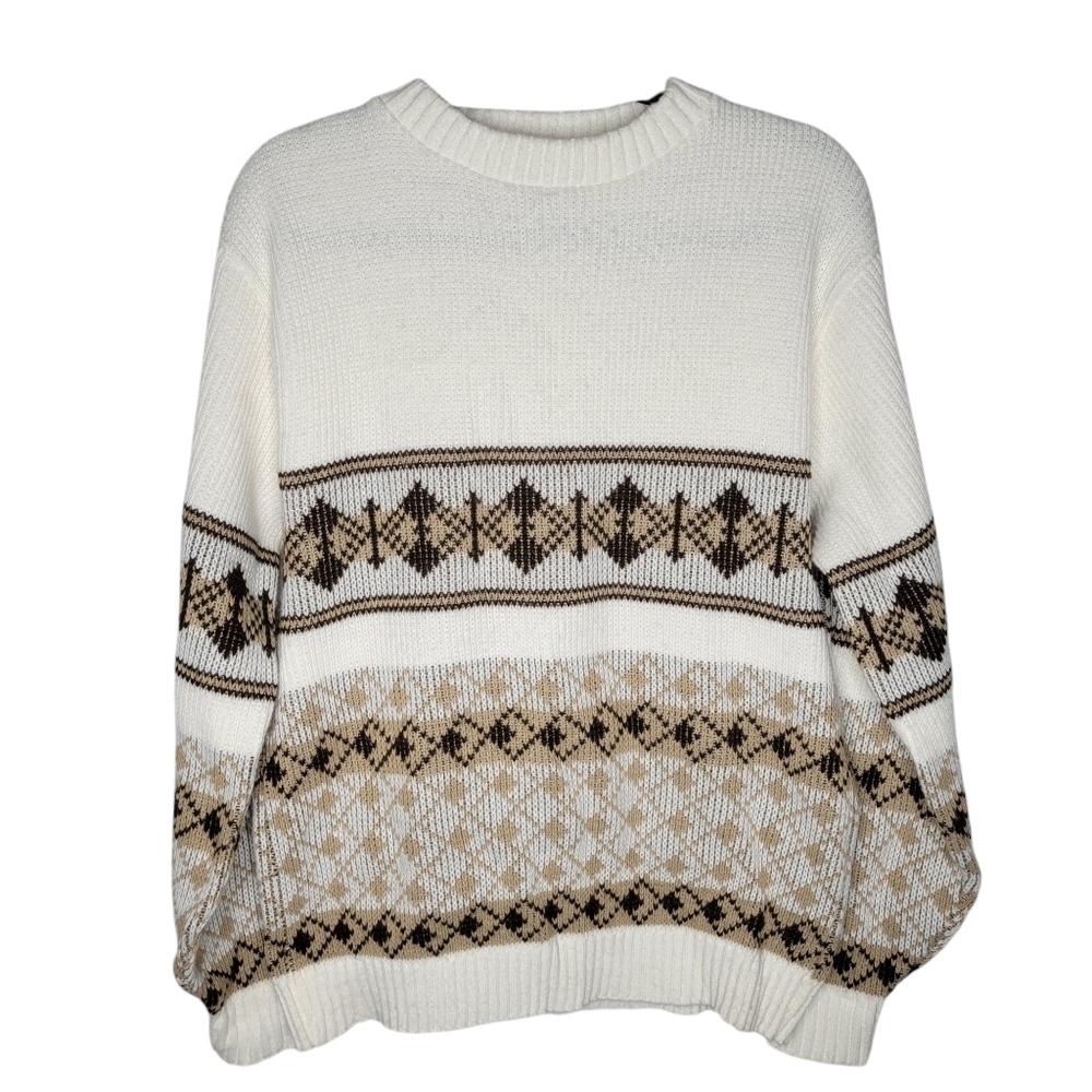 Vintage 70s Kingsport Ski Geometric Pattern Sweater Size XL in Cream Tan Black